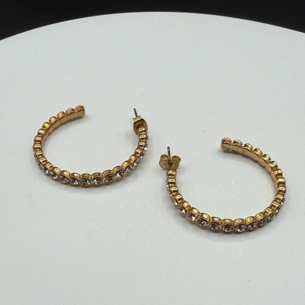 Gold Tone Rhinestone Hoop Earrings Clear Crystal Statement Glamour Gift for Her